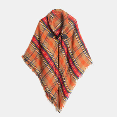 Plaid Horn Buckle Fringe Hem Shawl Orange One Size