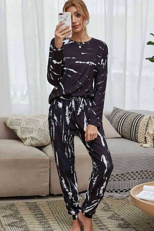 Tie-Dye Round Neck Top and Drawstring Waist Joggers Lounge Set Black