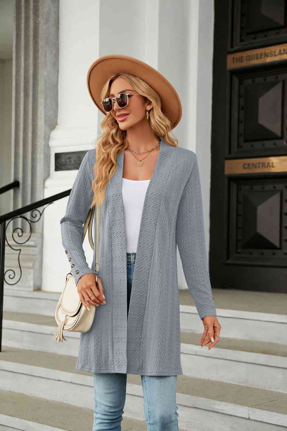 Long Sleeve Open Front Cardigan Misty Blue