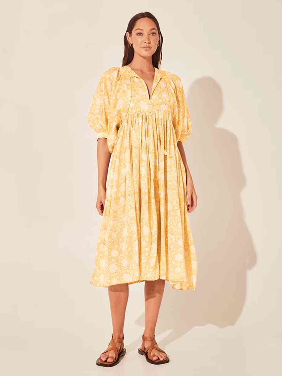 Floral Tie Neck Lantern Sleeve Dress Mustard