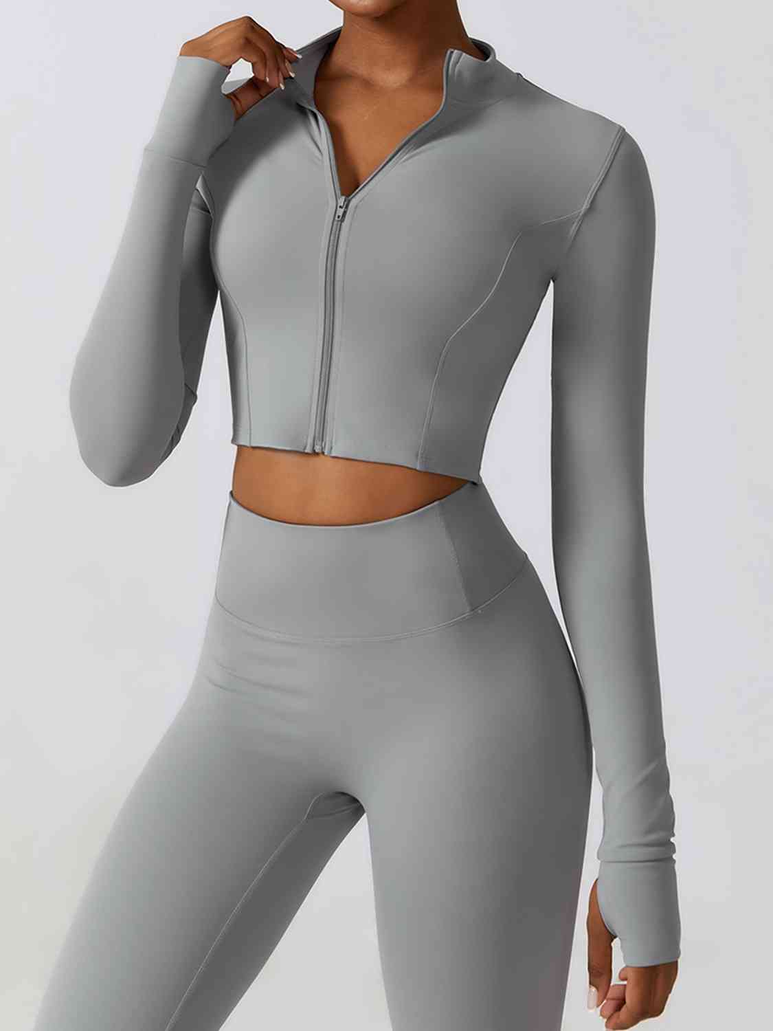 Zip-Up Long Sleeve Sports Top Light Gray