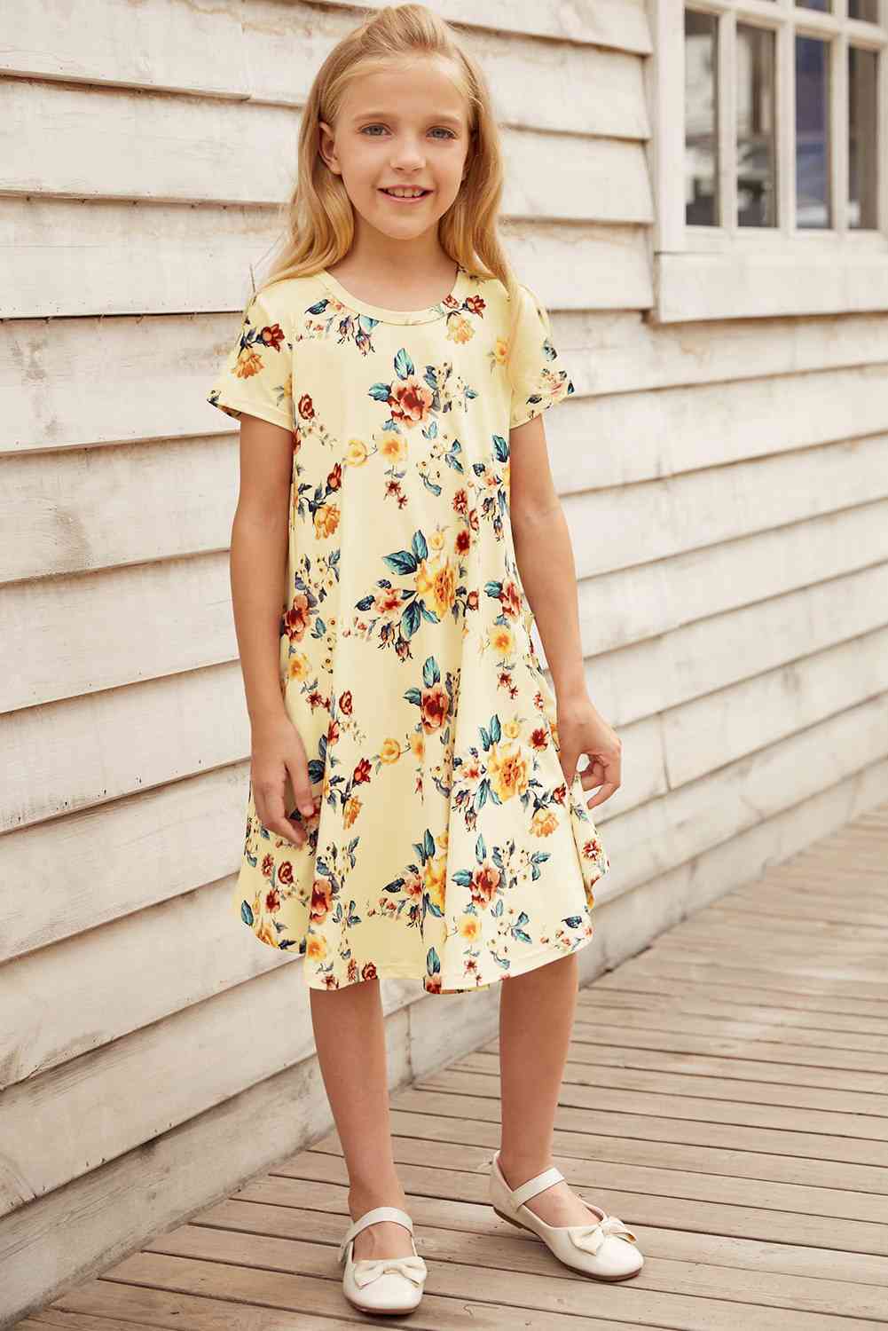 Girls Floral Round Neck Short Sleeve Dress with Pockets