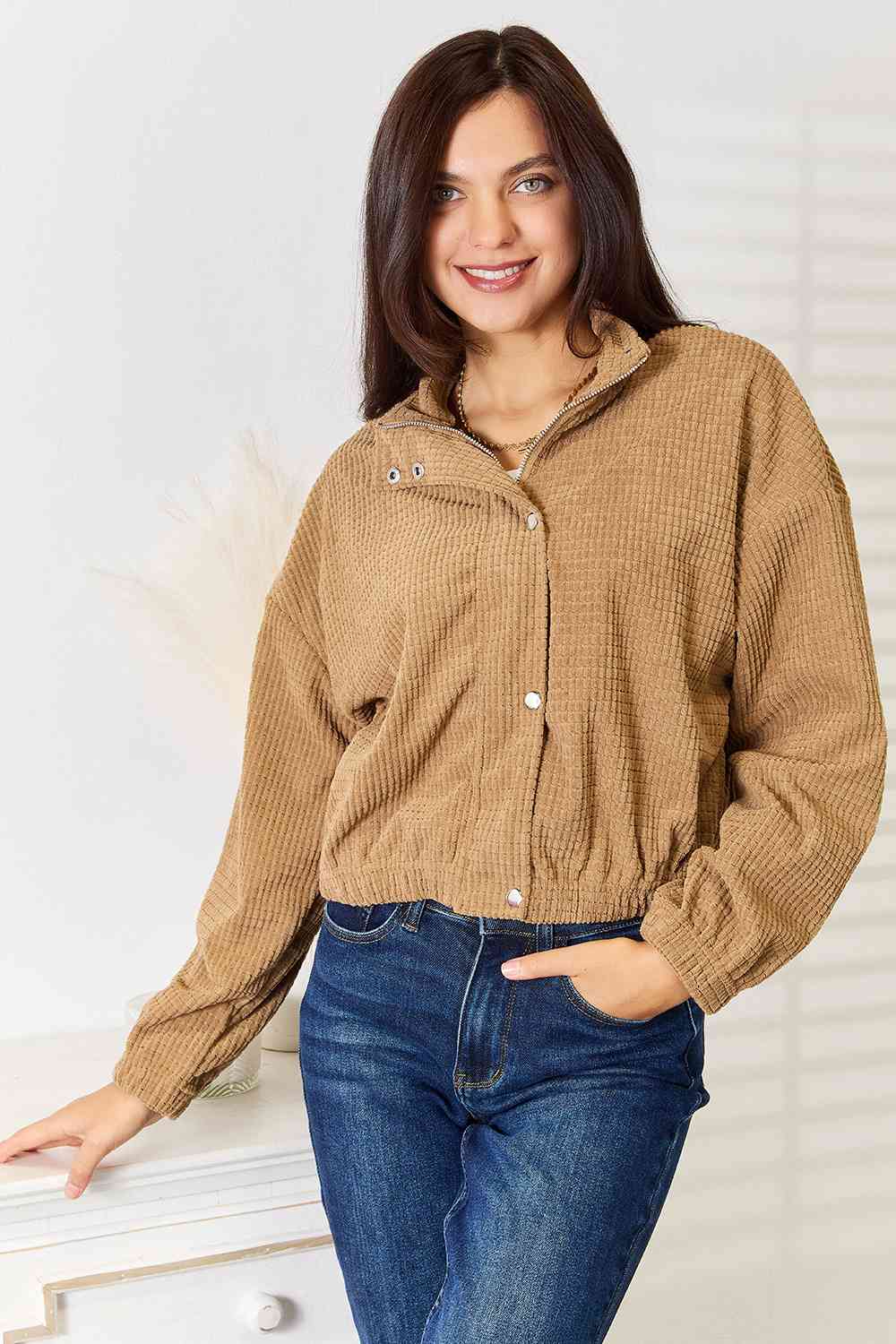 Double Take Long Sleeve Dropped Shoulder Jacket Camel