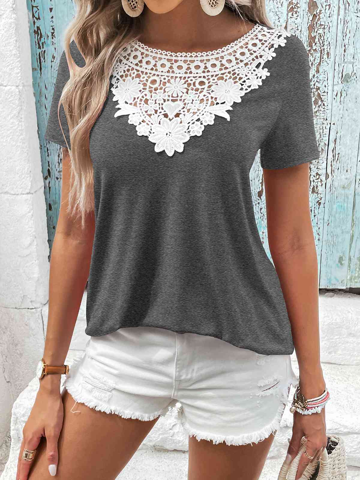 Spliced Lace Contrast Short Sleeve Top Dark Gray