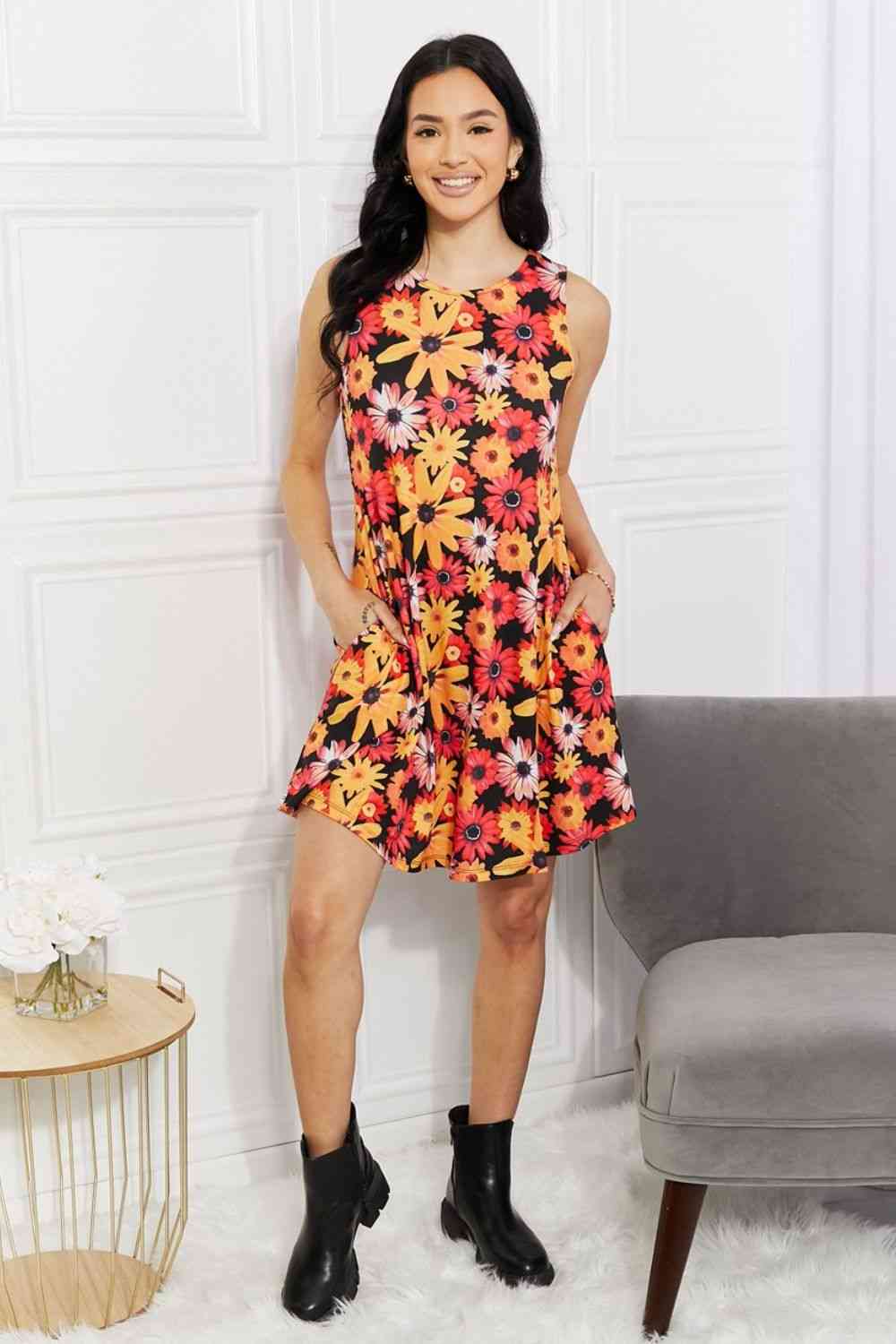 Yelete Full Size Floral Sleeveless Dress with Pockets Multicolor