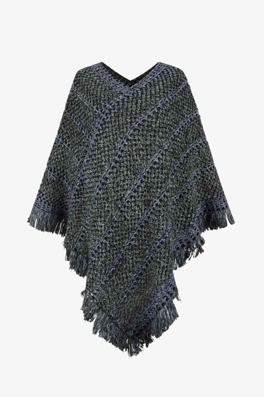 V-Neck Fringe Hem Poncho Charcoal One Size