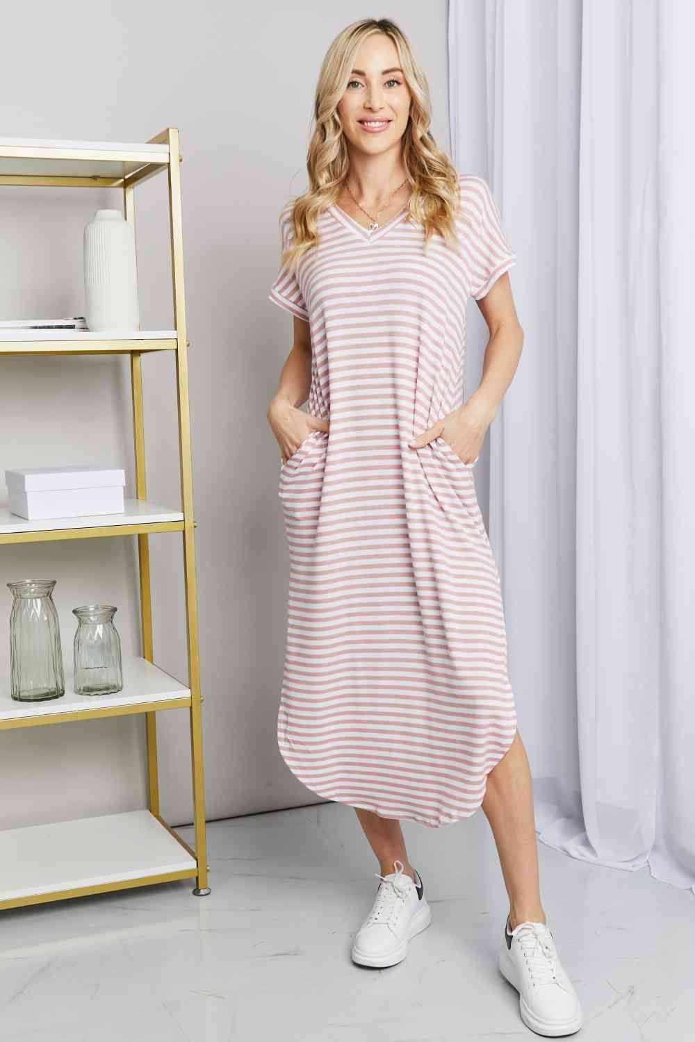 Heimish Full Size Horizontal Stripe Side Slit V-Neck Dress Pink/Ivory