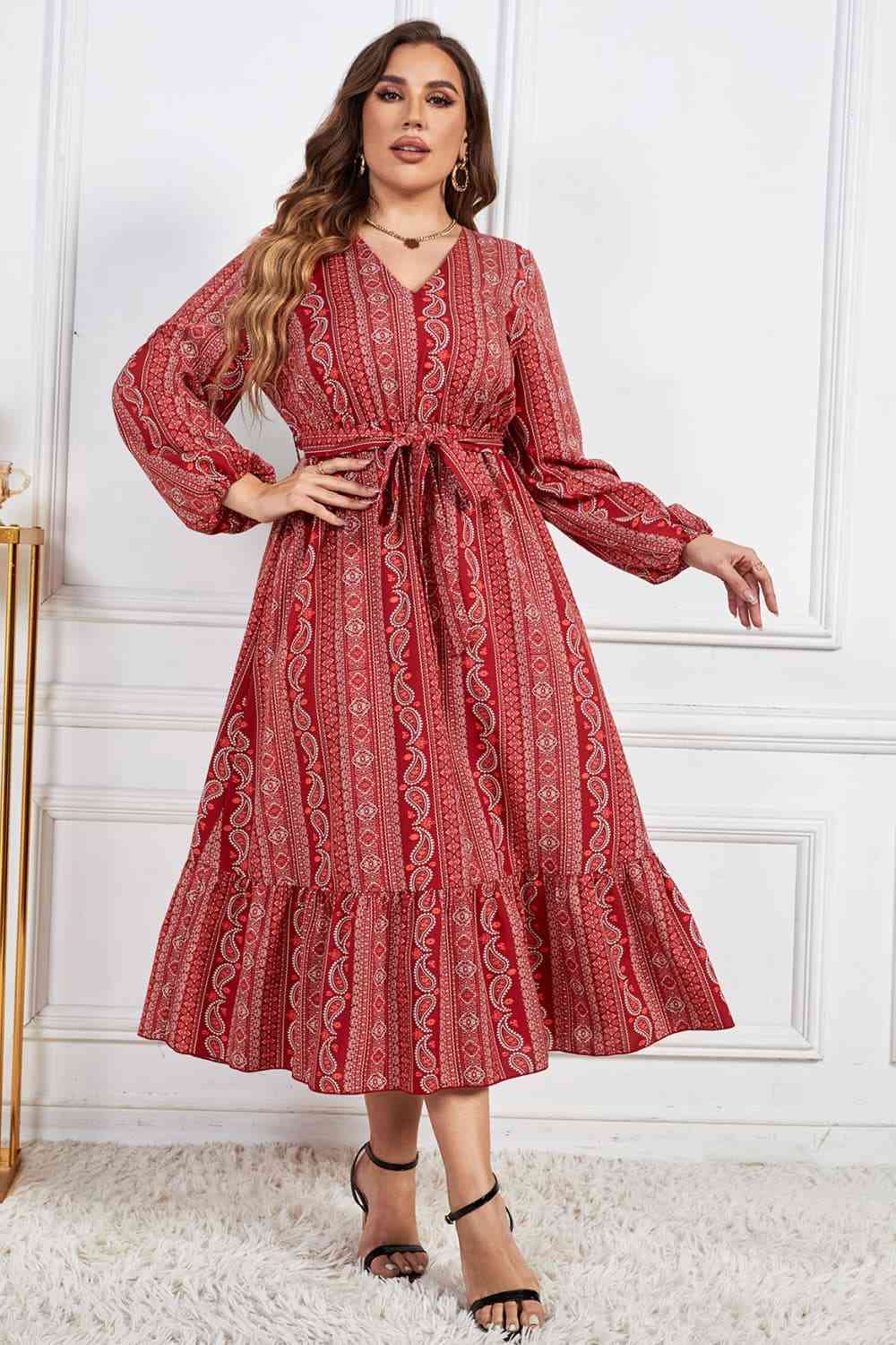 Melo Apparel Plus Size Tie Belt V-Neck Balloon Sleeve Midi Dress Red