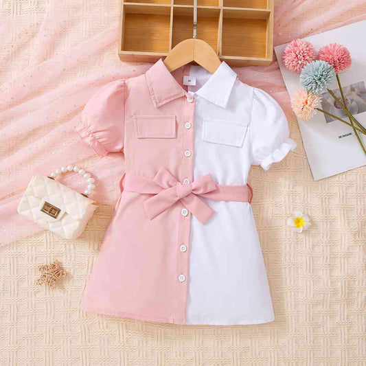 Girls Two-Tone Belted Shirt Dress Blush Pink