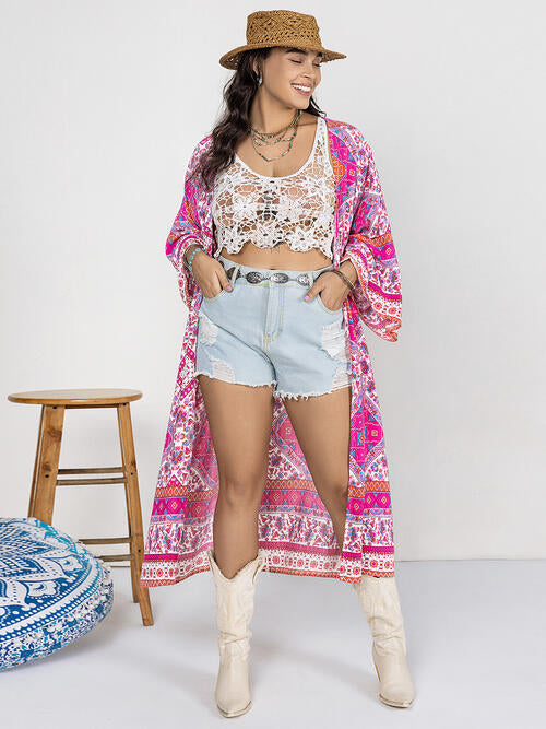 Double Take Plus Size Printed Open Front Longline Cardigan Hot Pink