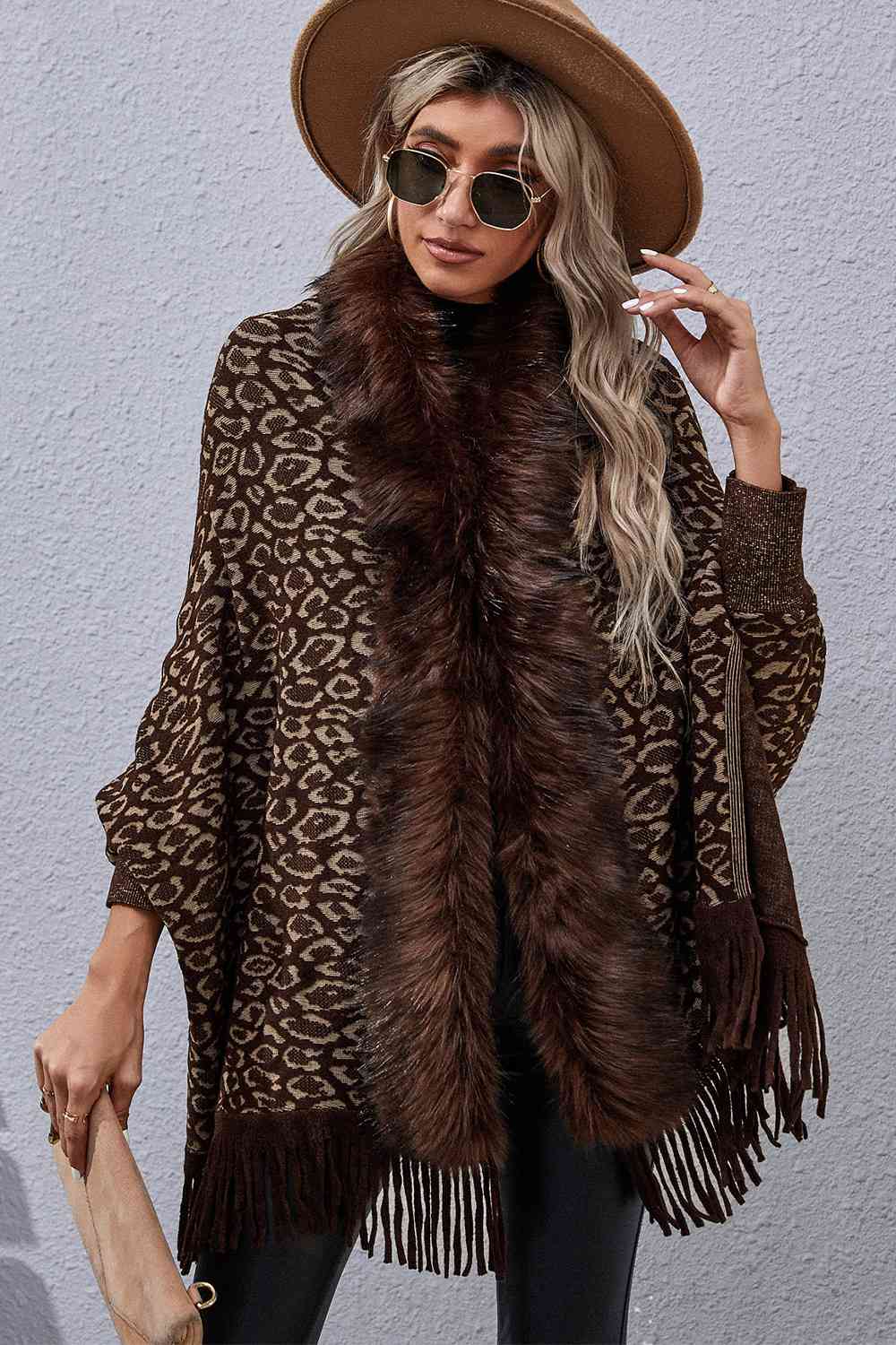 Leopard Fringe Detail Poncho Chocolate