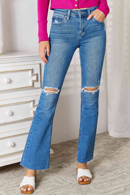 Kancan Full Size Distressed Raw Hem Bootcut Jeans Medium