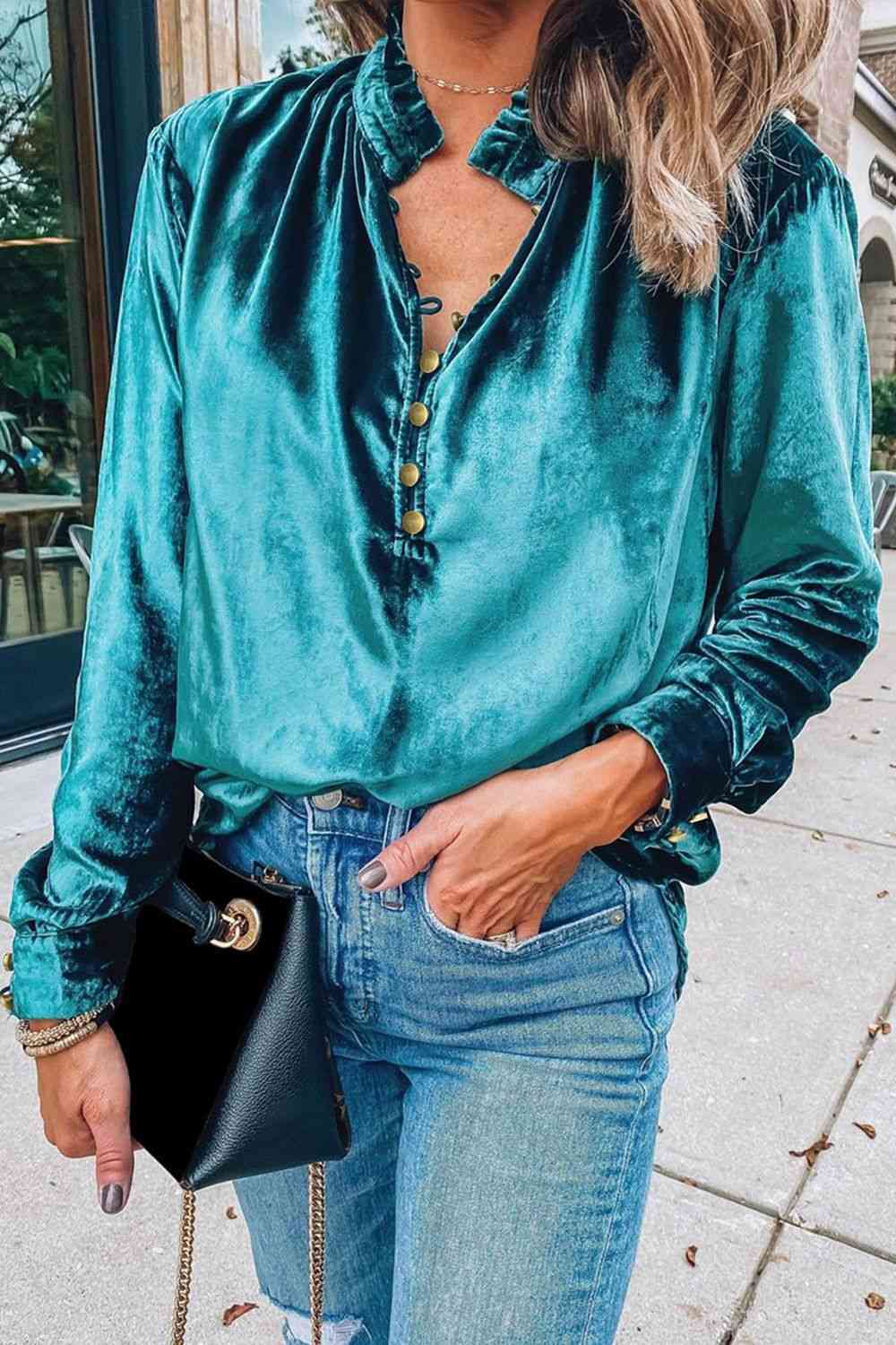 Notched Neck Buttoned Long Sleeve Velvet Blouse Turquoise