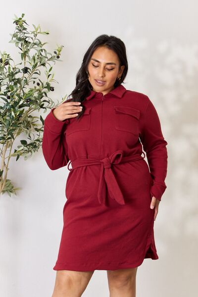 Culture Code Full Size Tie Front Half Zip Long Sleeve Shirt Dress BURGUNDY