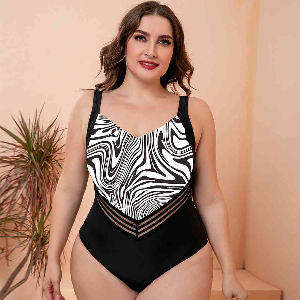 Full Size Printed Sleeveless One-Piece Swimsuit Black