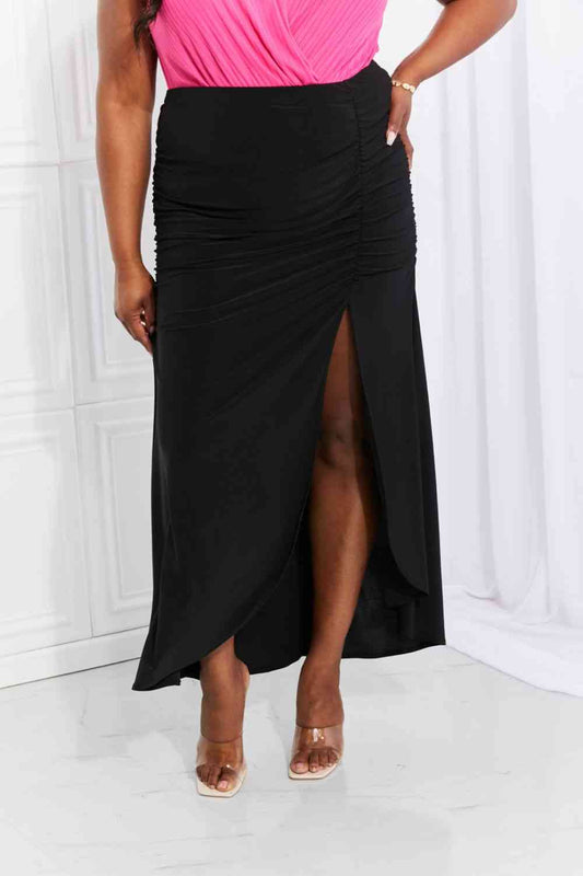 White Birch Full Size Up and Up Ruched Slit Maxi Skirt in Black Black