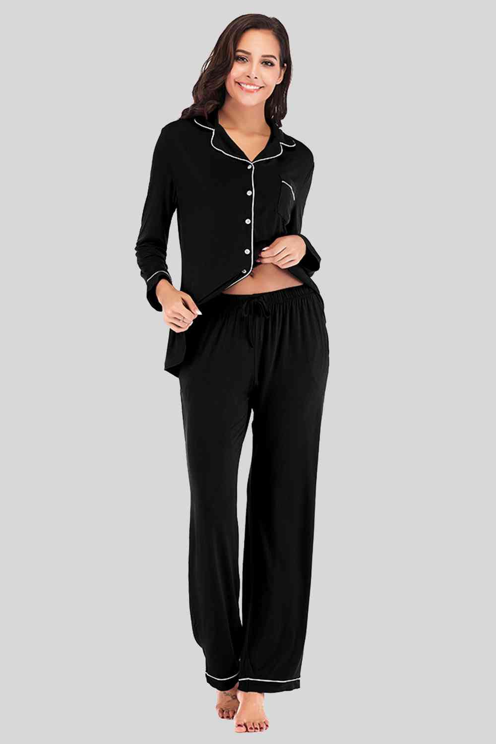 Collared Neck Long Sleeve Loungewear Set with Pockets Black