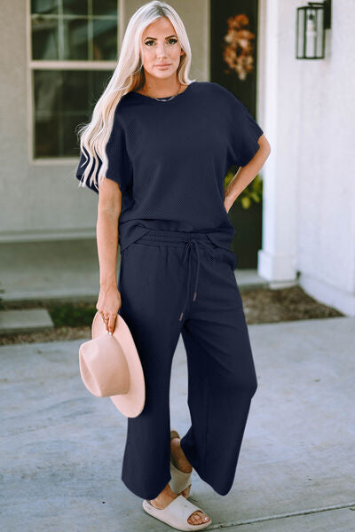 Double Take Full Size Texture Short Sleeve Top and Pants Set Navy