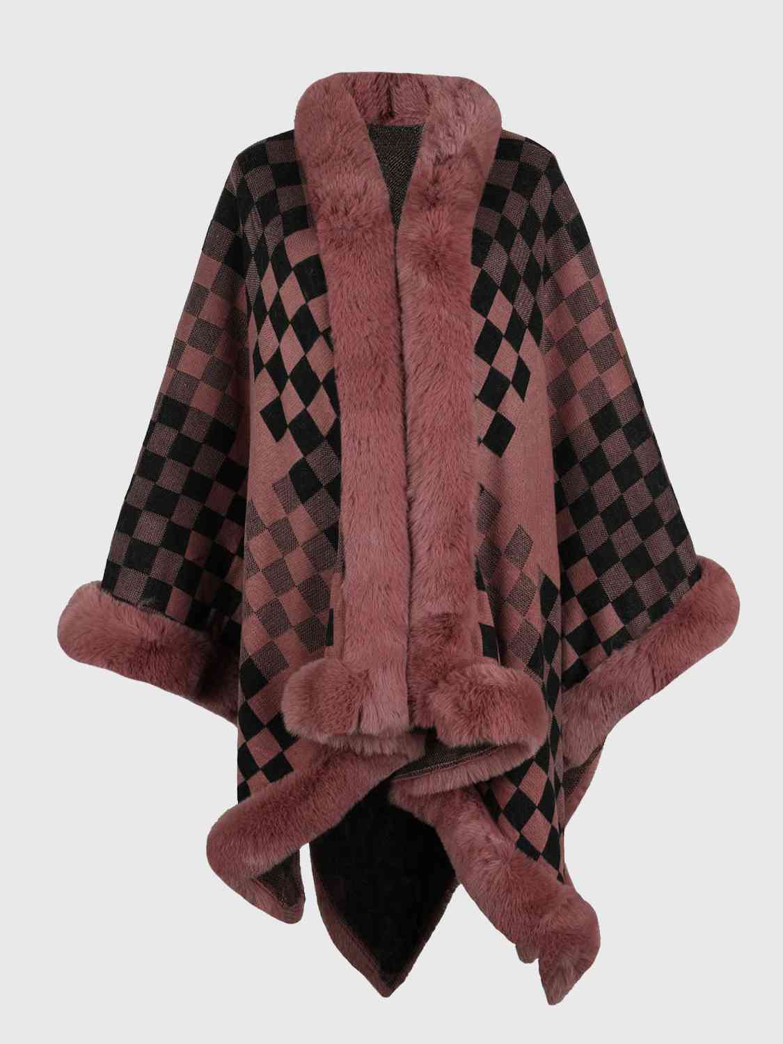 Checkered Faux Fur Trim Poncho Burnt Coral One Size