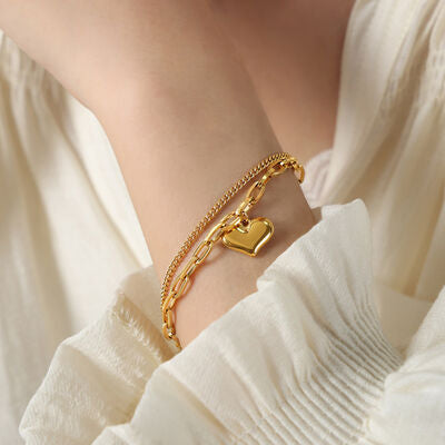 Heart Shape Lobster Closure Chain Bracelet Gold One Size