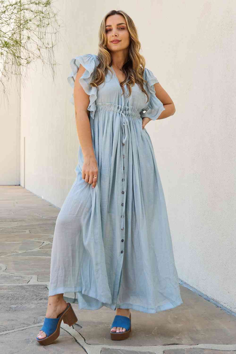 Sweet Lovely By Jen Full Size Drawstring Deep V Butterfly Sleeve Maxi Dress Misty Blue