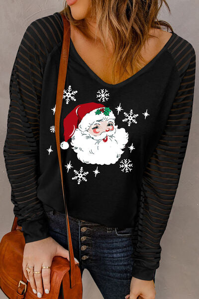 Santa Graphic Striped Long Sleeve T-Shirt Black
