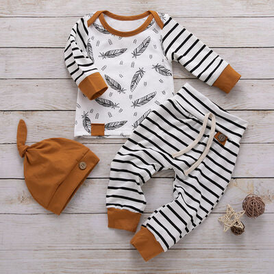 Striped Printed Long Sleeve Top and Tied Pants Set White