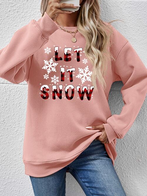 LET IT SNOW Round Neck Long Sleeve Sweatshirt Blush Pink