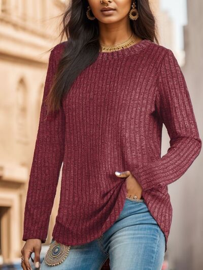 Ribbed Round Neck Long Sleeve Blouse Wine