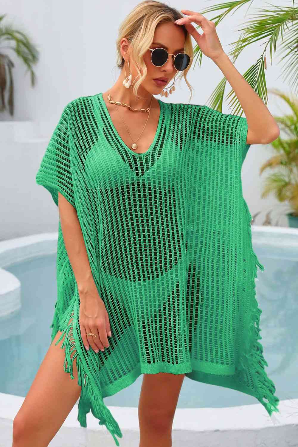 Fringe Trim Openwork Cover Up Mid Green One Size