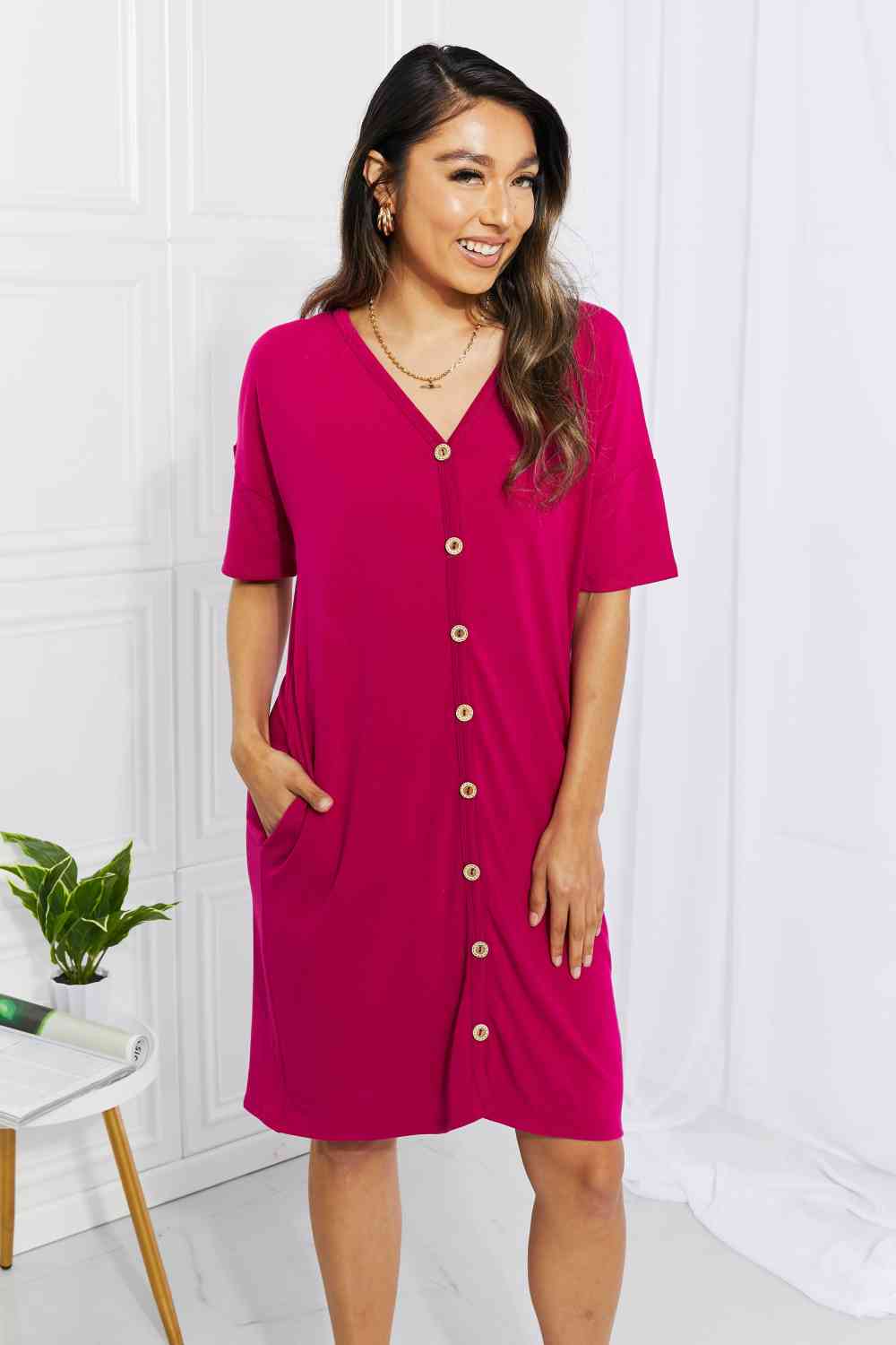 BOMBOM Sunday Brunch Button Down Knee-Length Dress in Magenta Magenta