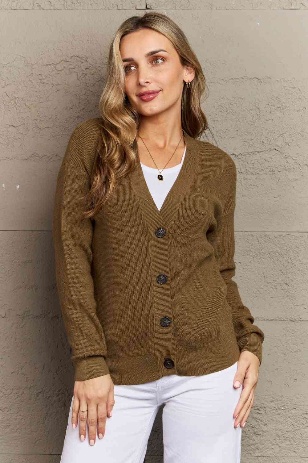 Zenana Kiss Me Tonight Full Size Button Down Cardigan in Olive Olive
