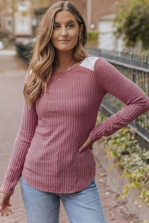 Ribbed Lace Detail Long Sleeve Knit Top Moonlit Mauve