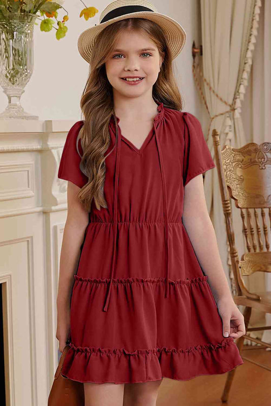 Girls Frilled Notched Neck Puff Sleeve Dress Deep Red