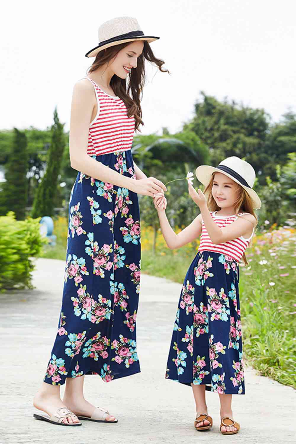 Girls Striped Floral Sleeveless Dress Floral