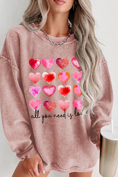 ALL YOU NEED IS LOVE Heart Round Neck Sweatshirt Dusty Pink