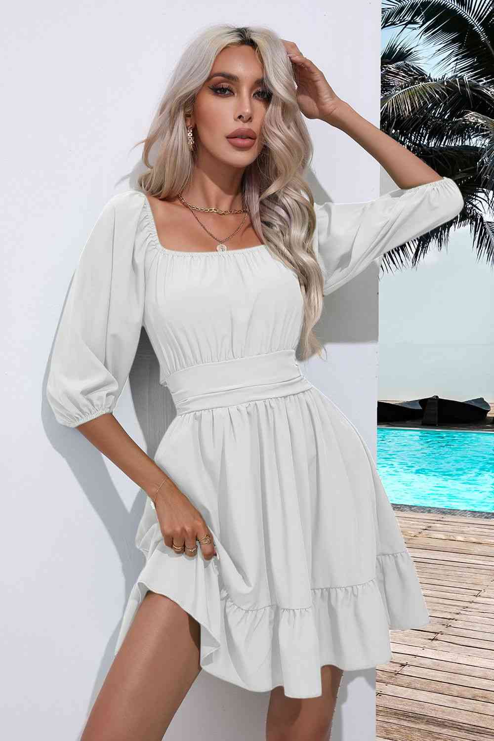 Square Neck Tie Back Ruffle Hem Dress White