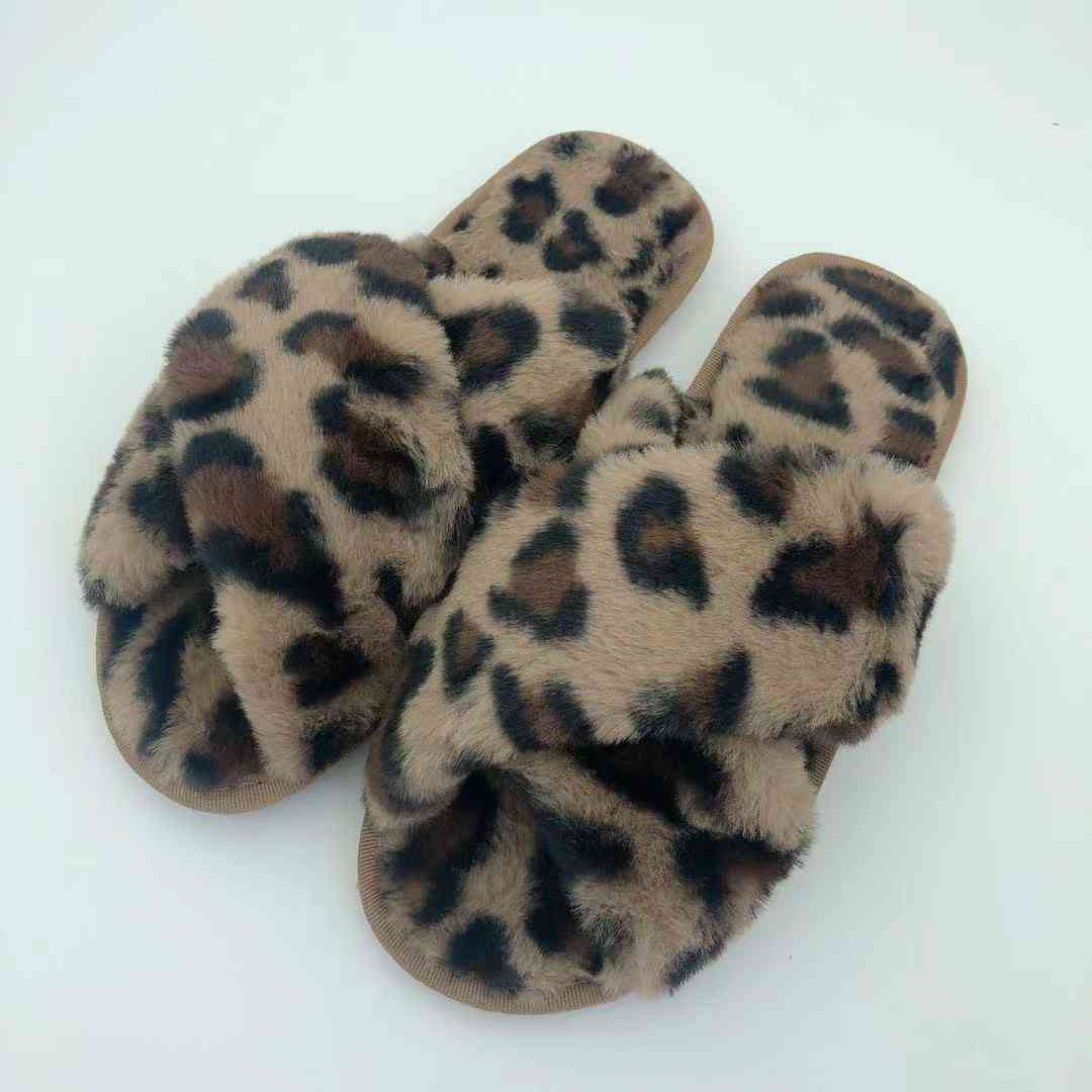 Faux Fur Crisscross Strap Slippers Leopard