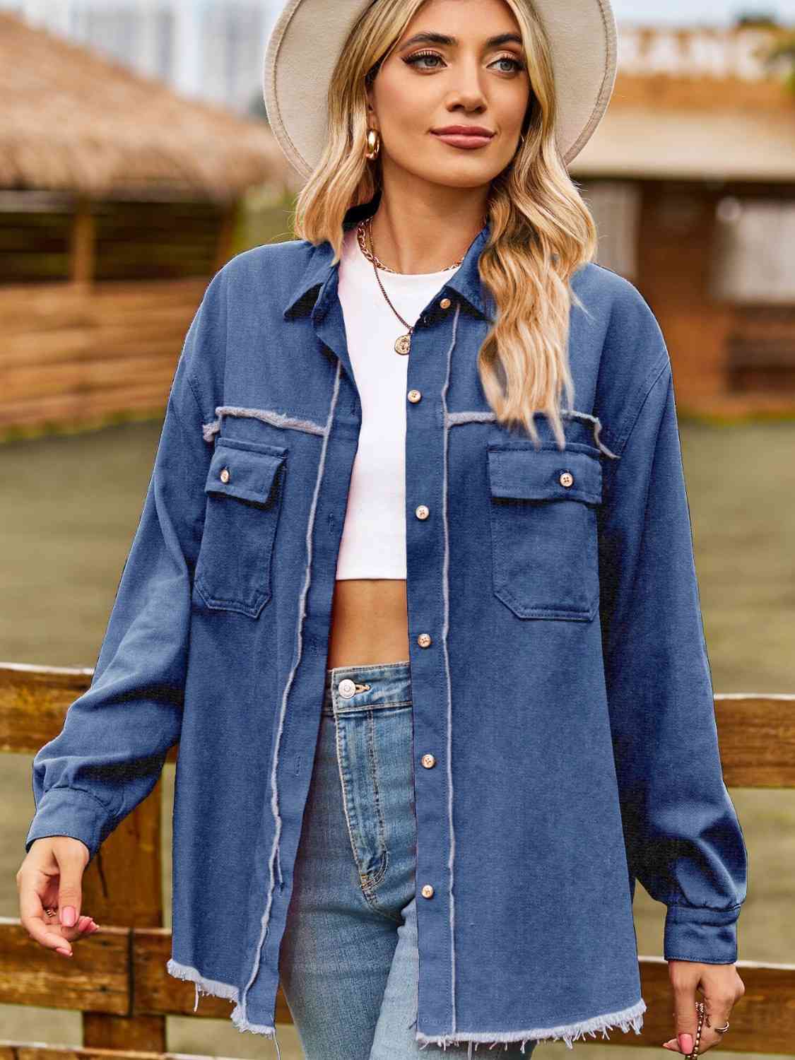 Button Up Collared Neck Raw Hem Denim Top Peacock Blue