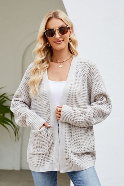 Open Front Raglan Sleeve Pocketed Cardigan Light Gray