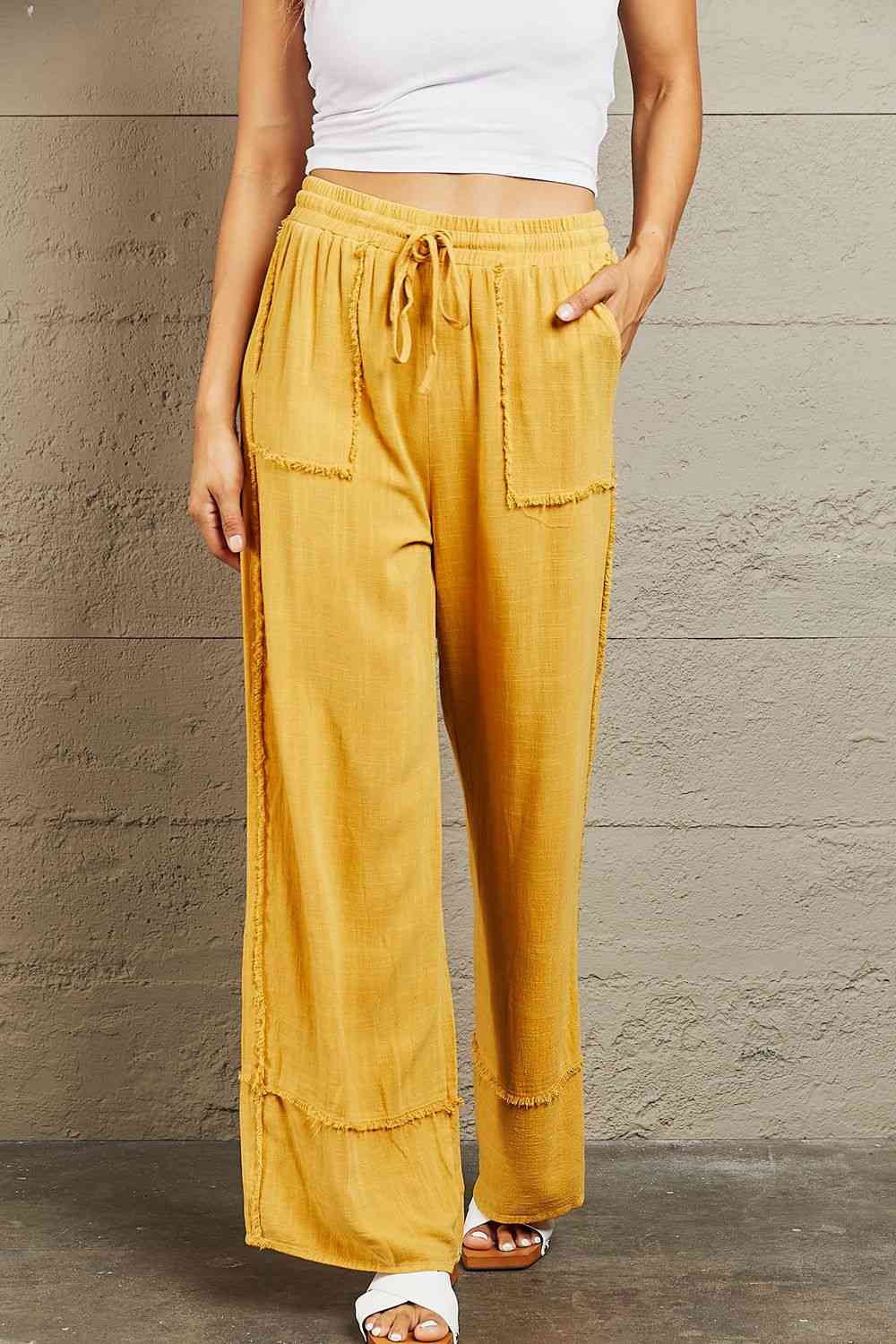 HEYSON Love Me Full Size Mineral Wash Wide Leg Pants Mustard