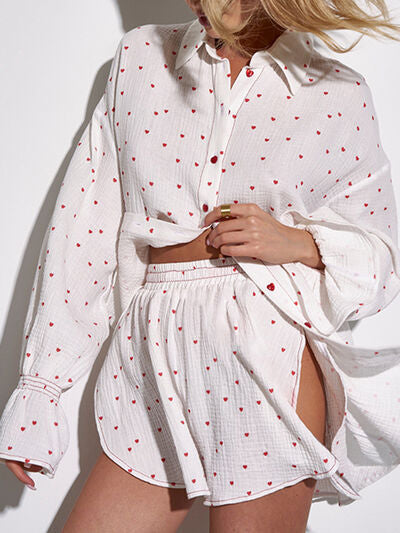 Printed Flounce Sleeve Top and Shorts Set White