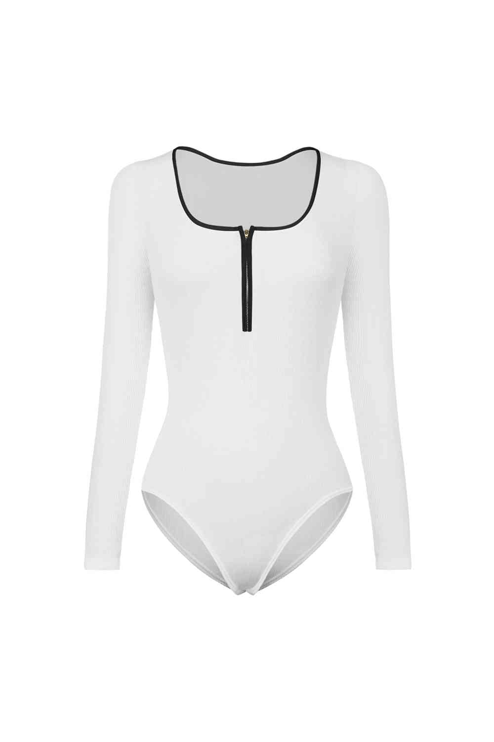 Contrast Trim Ribbed Long Sleeve Bodysuit White