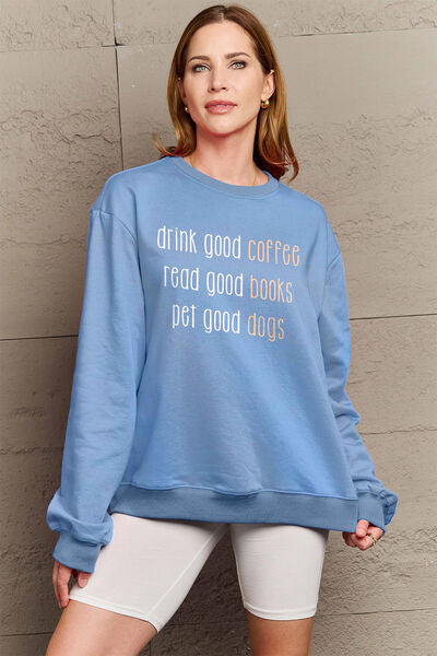 Simply Love Full Size Letter Graphic Round Neck Sweatshirt Misty Blue