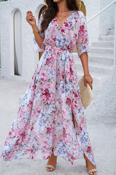 Printed Tied Half Sleeve Slit Dress Blush Pink