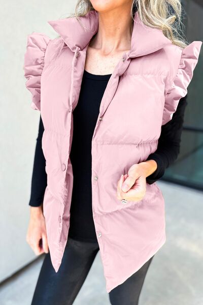 Ruffled Snap Down Mock Neck Vest Coat Blush Pink