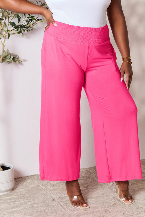 Double Take Full Size Smocked Wide Waistband Wide Leg Pants Hot Pink