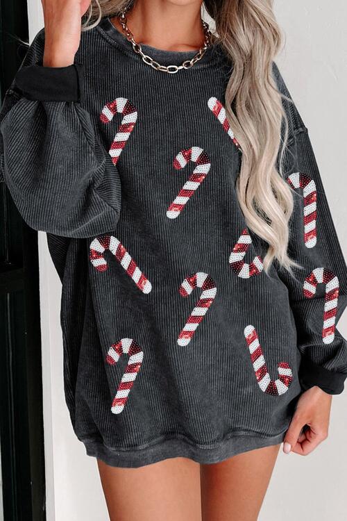 Sequin Candy Cane Round Neck Sweatshirt