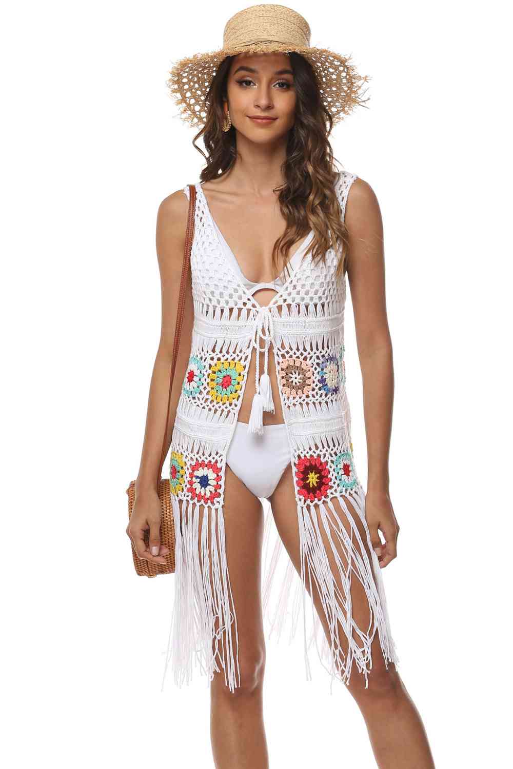 Openwork Fringe Detail Embroidery Sleeveless Cover-Up White One Size