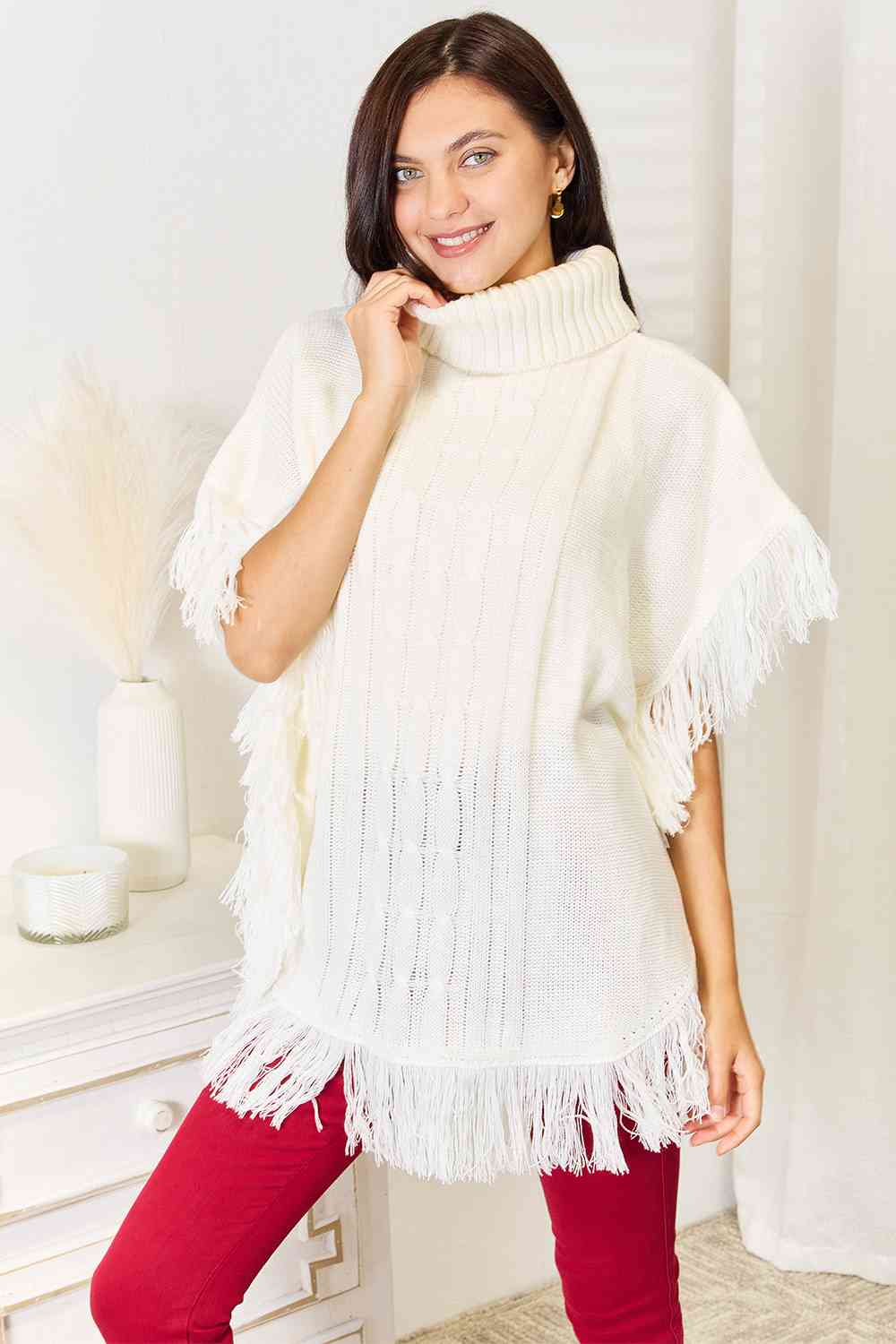 Justin Taylor Turtle Neck Fringe Poncho Ivory One Size